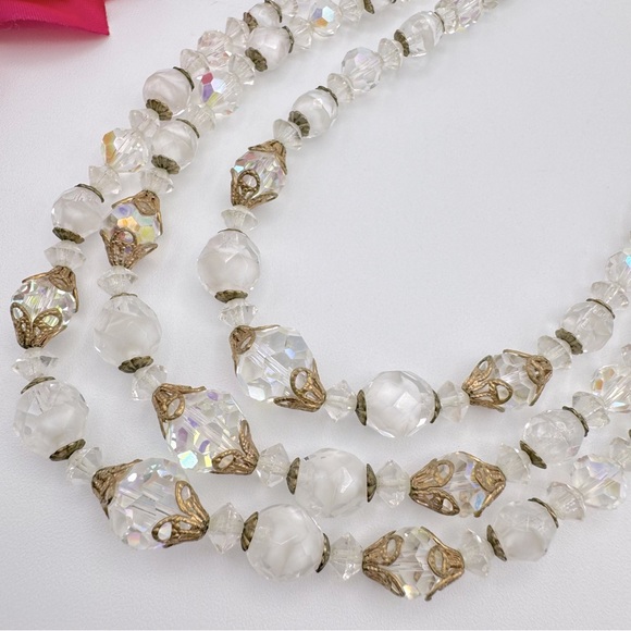 Vintage Givre Glass AB Crystal Bead Triple Strand Necklace Filigree Romantic - Picture 12 of 15